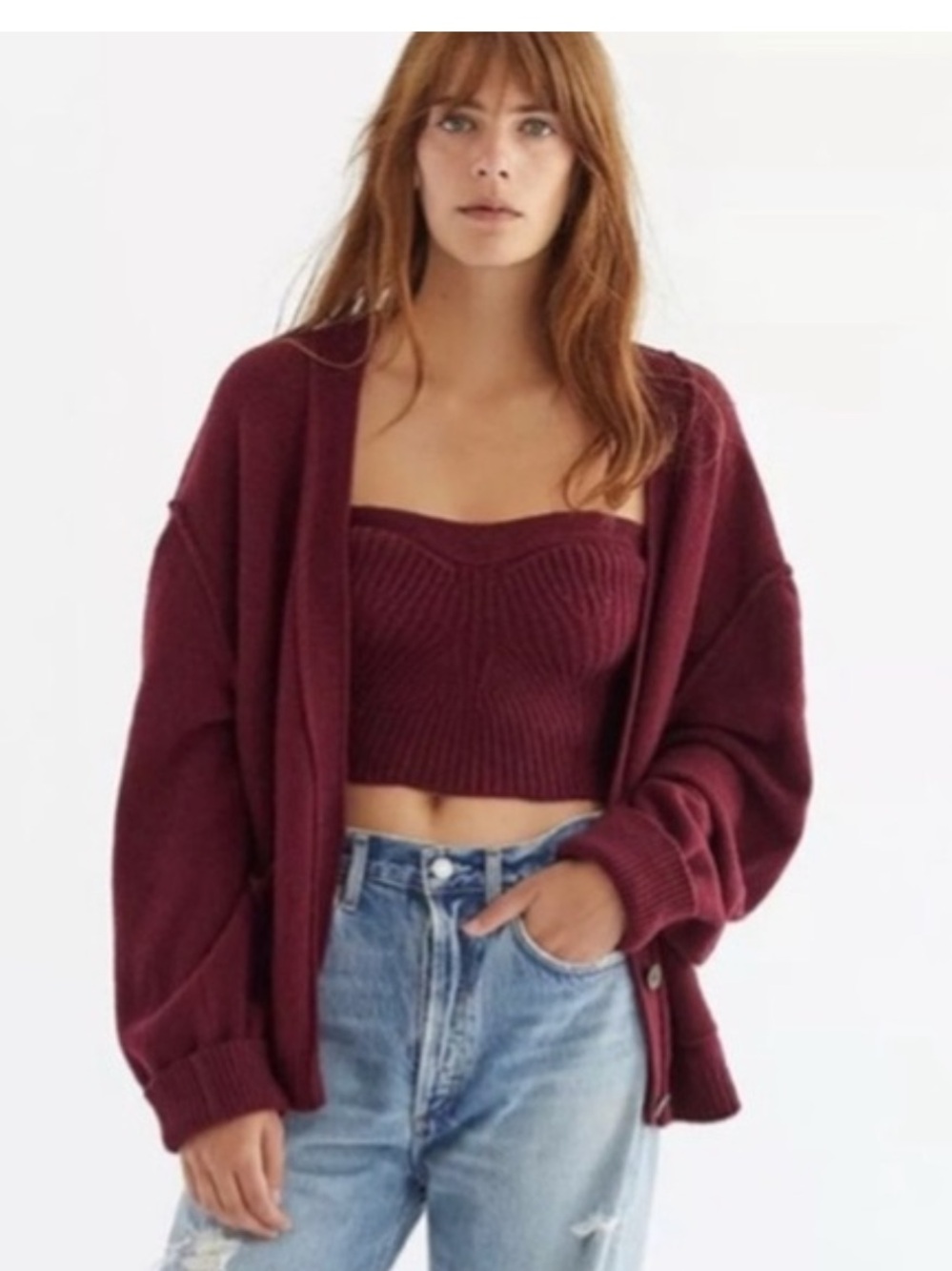 Free People Cashmere Blend Cardigan Sweater Burgundy Maroon Oversized